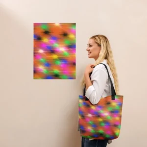 A Paul Corps large tote bag featuring a vibrant spray paint-inspired design with dynamic streaks of blue, pink, orange, and yellow on a black background, finished with sturdy black, red or yellow handles.