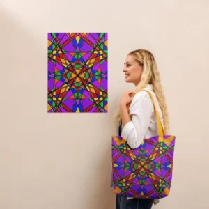 A person wearing a Stain Glass Effect all-over print tote bag with yellow handles over their shoulder, standing in front of a matching abstract art print on a beige wall