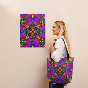A person wearing a Stain Glass Effect all-over print tote bag with black handles over their shoulder, standing in front of a matching abstract art print on a beige wall