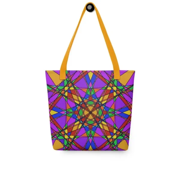 Front view of a Stain Glass Effect all-over print tote bag with yellow handles, featuring a bold abstract pattern in green, purple, yellow, and pink.