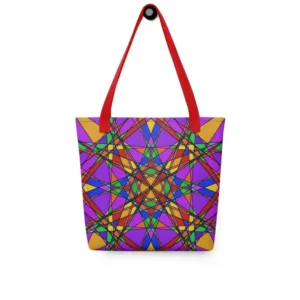 Front view of a Stain Glass Effect all-over print tote bag with red handles, featuring a bold abstract pattern in green, purple, yellow, and pink.