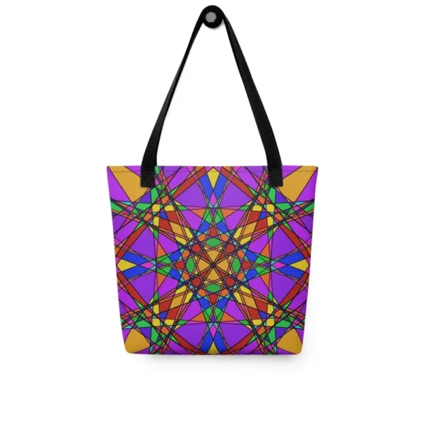 Front view of a Stain Glass Effect all-over print tote bag with red handles, featuring a bold abstract pattern in green, purple, yellow, and pink.